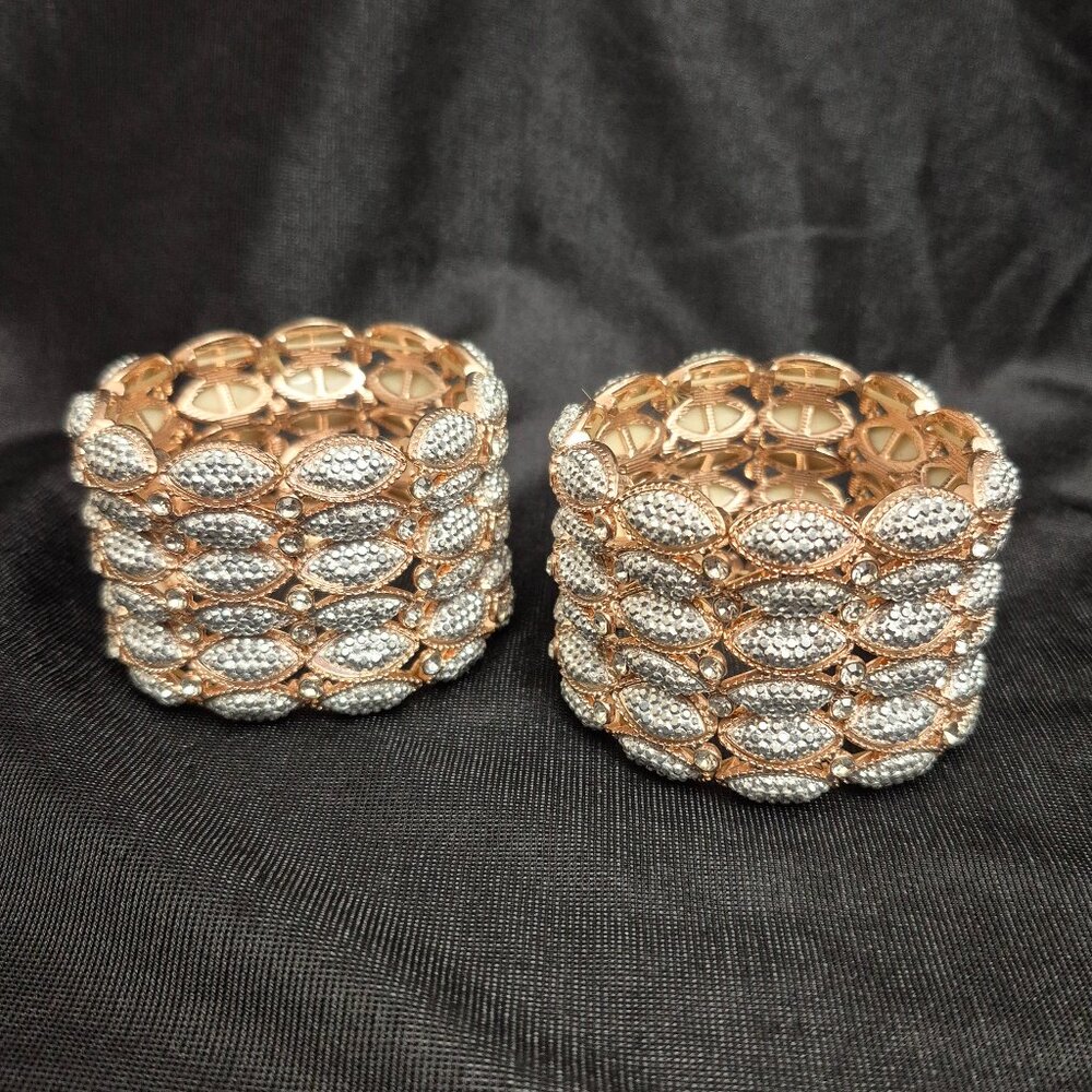 Set of 2 Wide Stretch Bracelets with Gold Frame and Clear Rhinestones